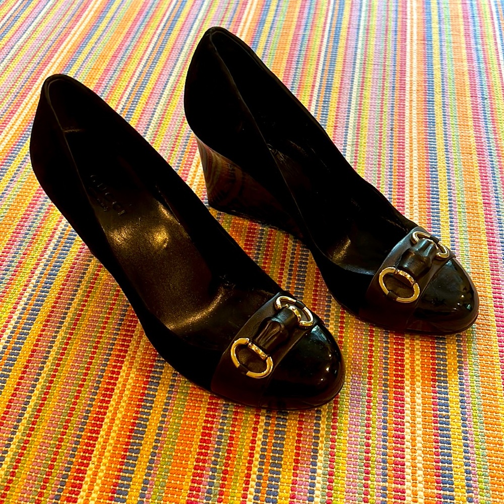 Gucci Black Leather Patent and Suede Bamboo Heels Horsebit EUC size 36